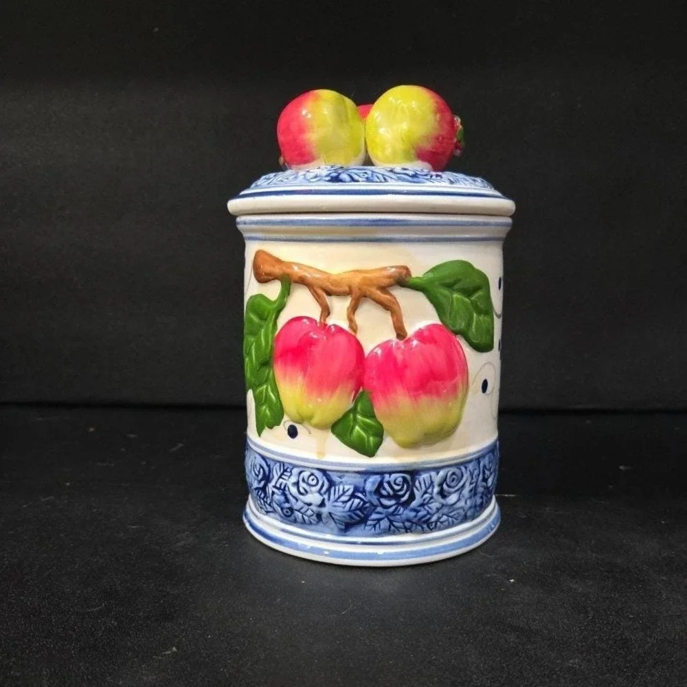 Kiln‎ Fired Clay Medium Apple Canister, Vintage Hand-Painted Kitchen Storage